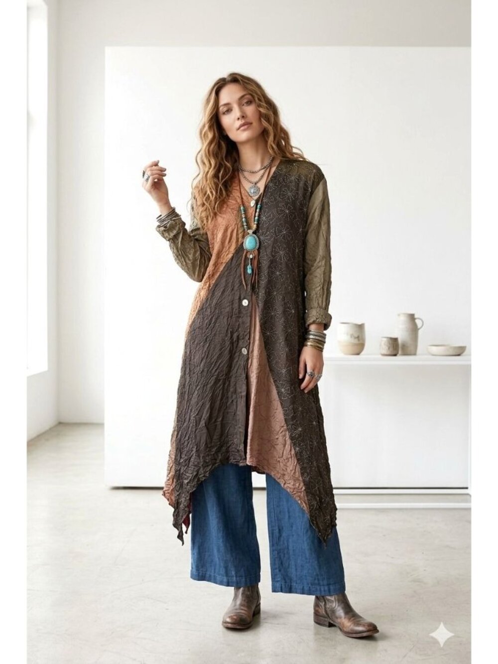 VTG Staley Gretzinger Patchwork Button Crinkle Jacket M/L Asymmetrical Lagenlook